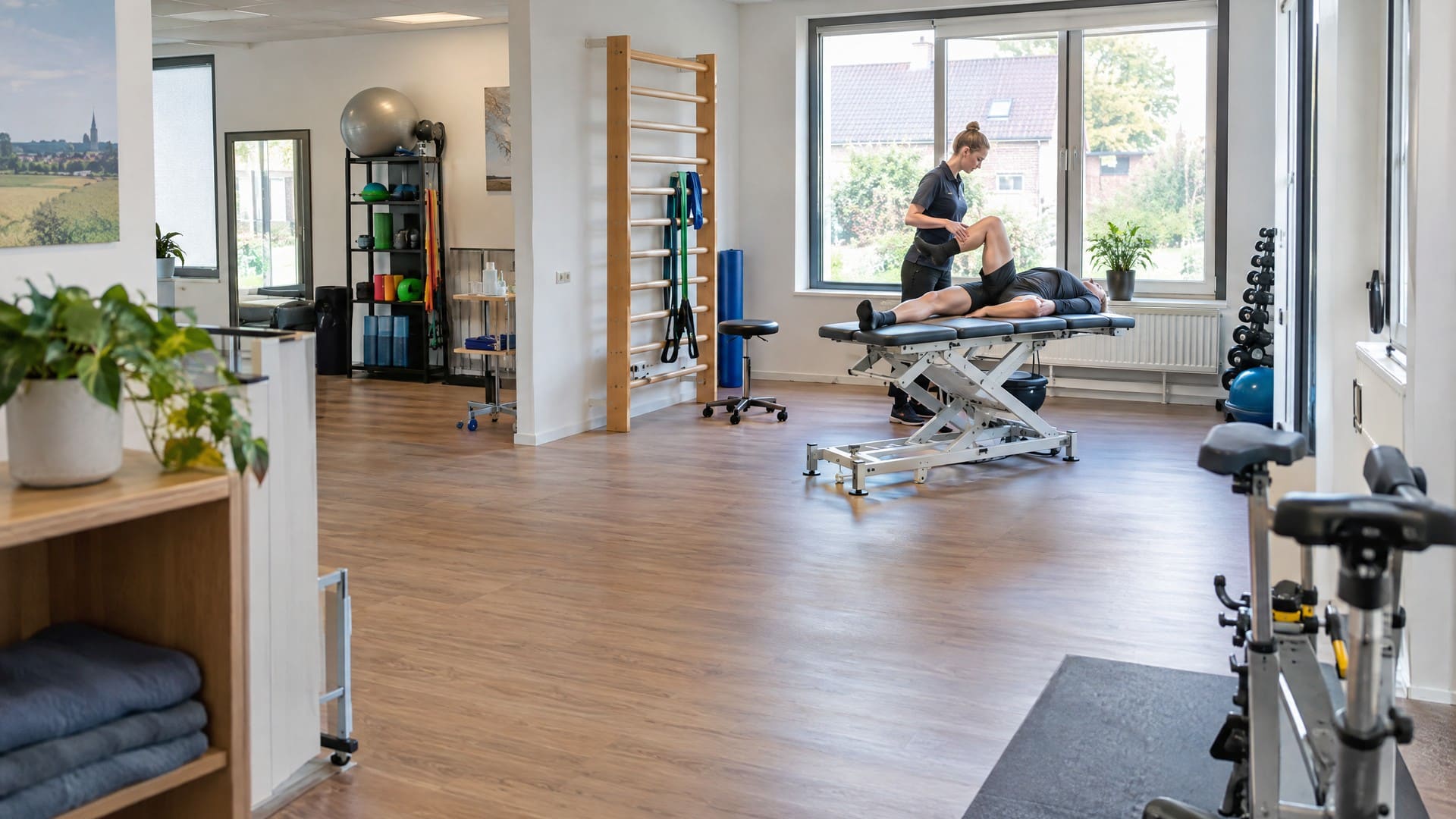 Lichte oefen- en behandelruimte van een fysiotherapiepraktijk met wandrek, behandelbank en trainingsapparatuur.